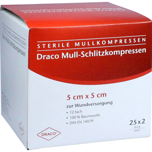 SCHLITZKOMPRESSEN Mull 5x5 cm steril 12fach